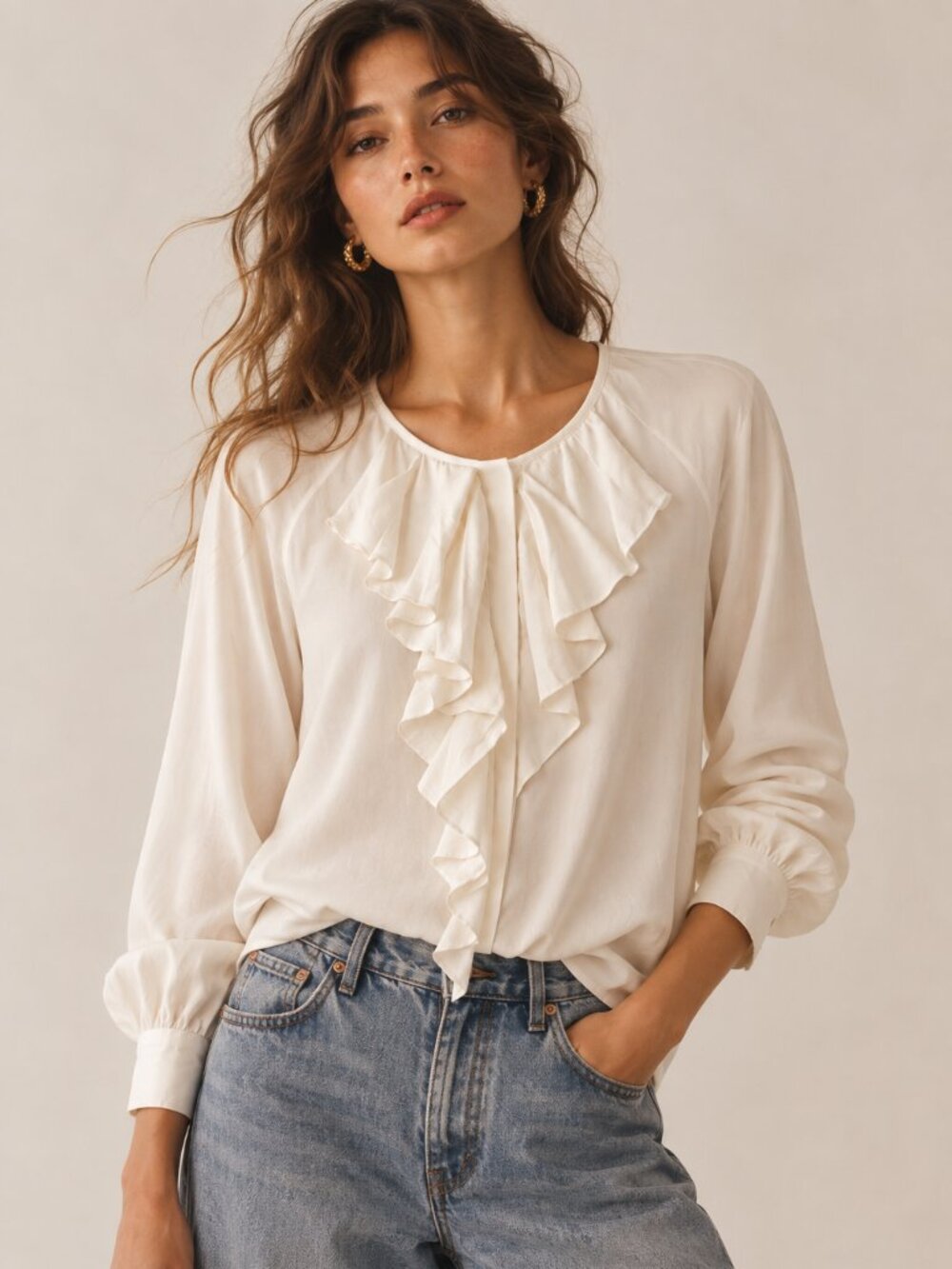 Tahari 100% Silk Hidden Button Ruffle Blouse Romantic Edwardian Top